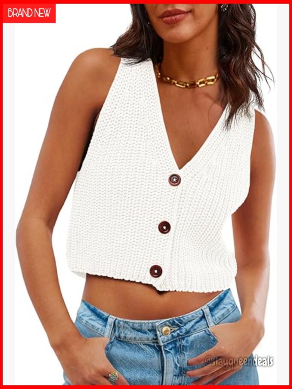 Chunky Knit Cropped Sweater Vest V-Neck Button Down Sleeveless Tank Top
